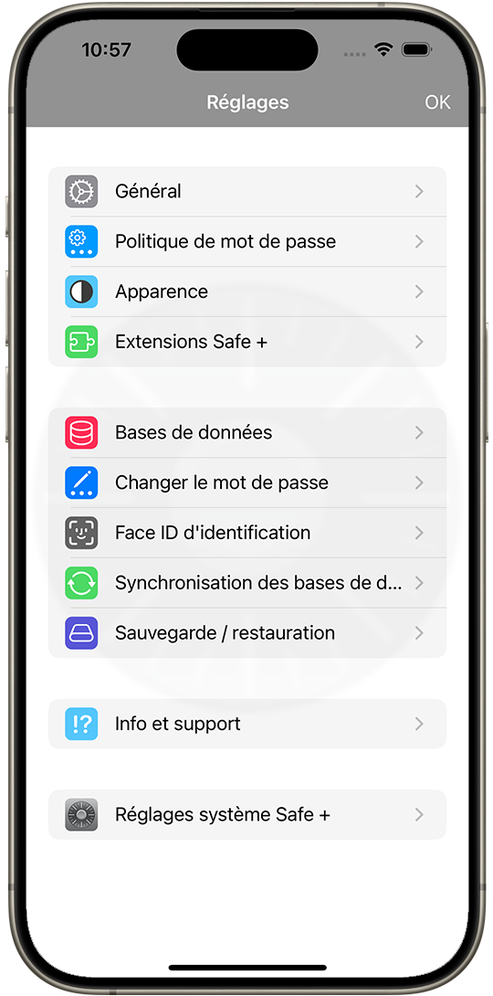 Le menu des réglages.