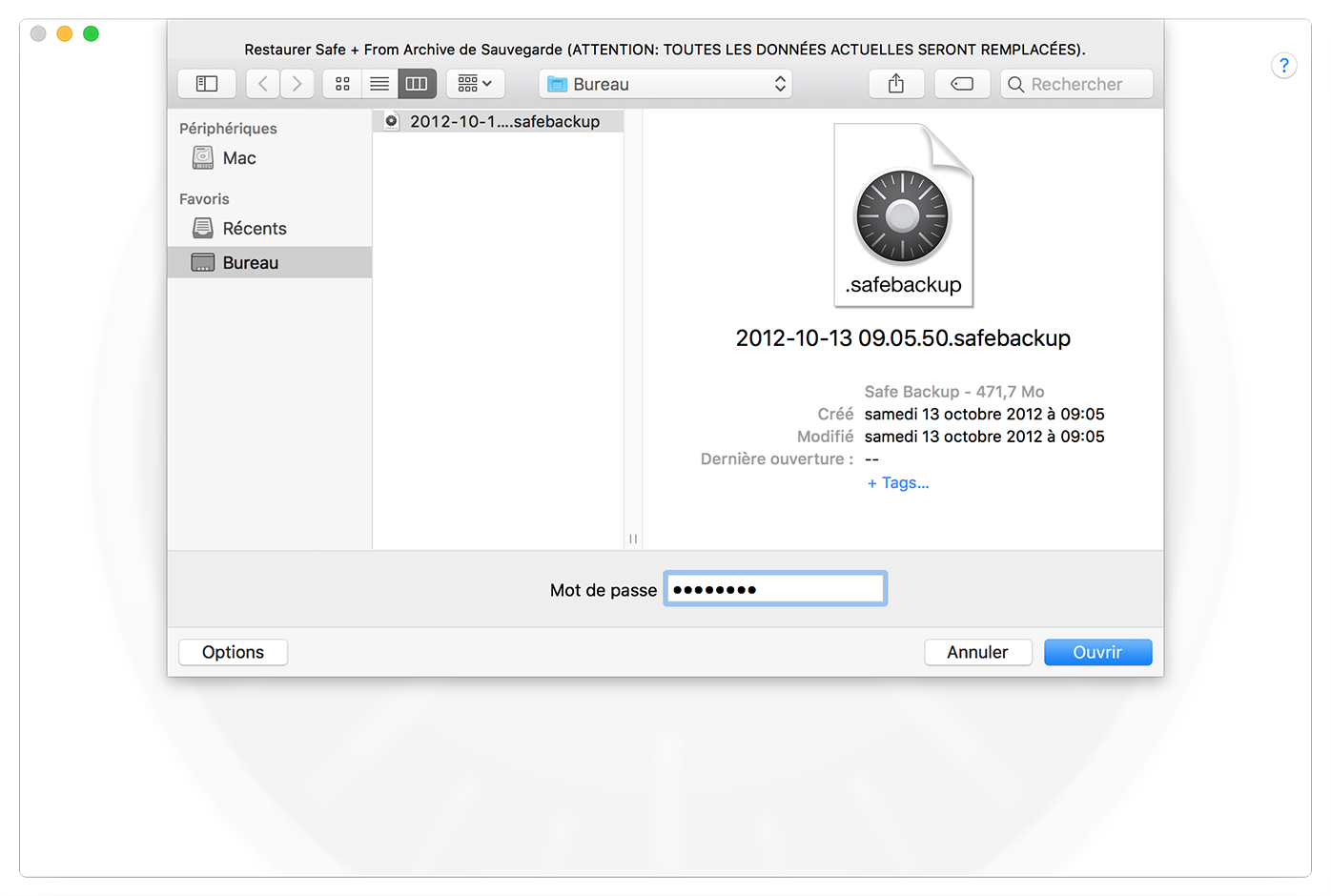 Safe + for Mac Restoring a Backup.